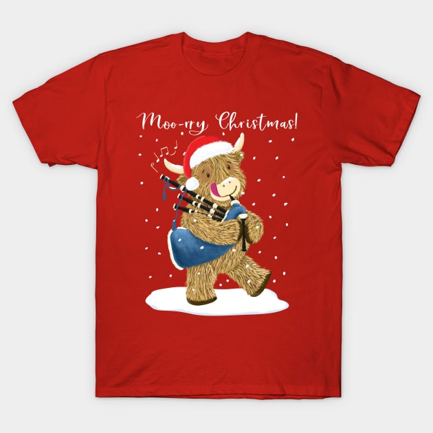 Scottish Highland Cow Plays Merry Christmas On His Bagpipes T-Shirt by brodyquixote